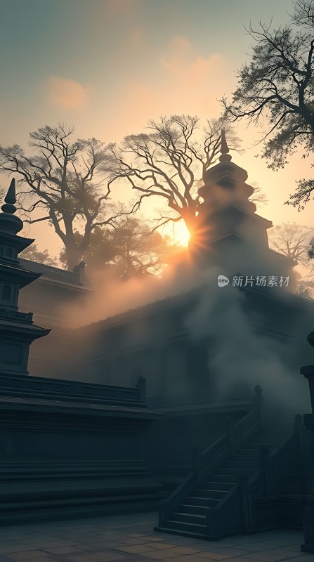 晨曦中的古寺静默