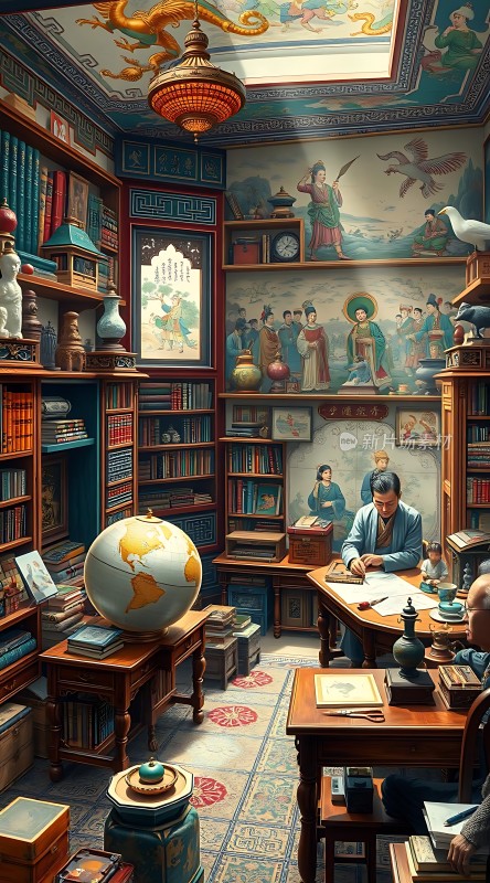 书房里的学者与古代壁画