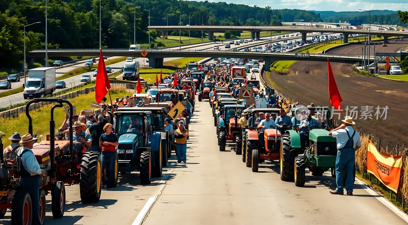 拖拉机车队游行红旗飘扬道路两旁观众围观