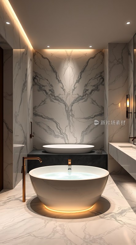 大理石浴室现代浴缸与洗手台设计