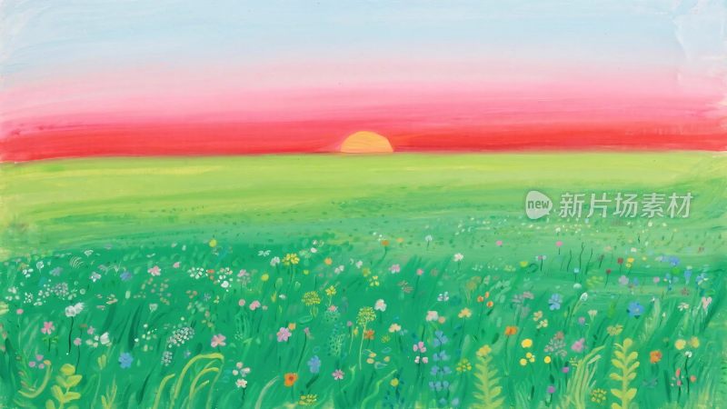 草地野花日落风景插画