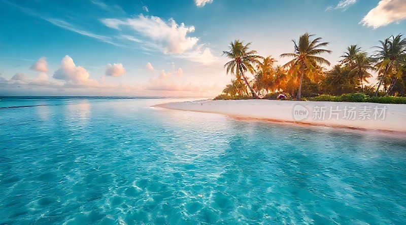 碧蓝海浪轻拍椰林沙滩