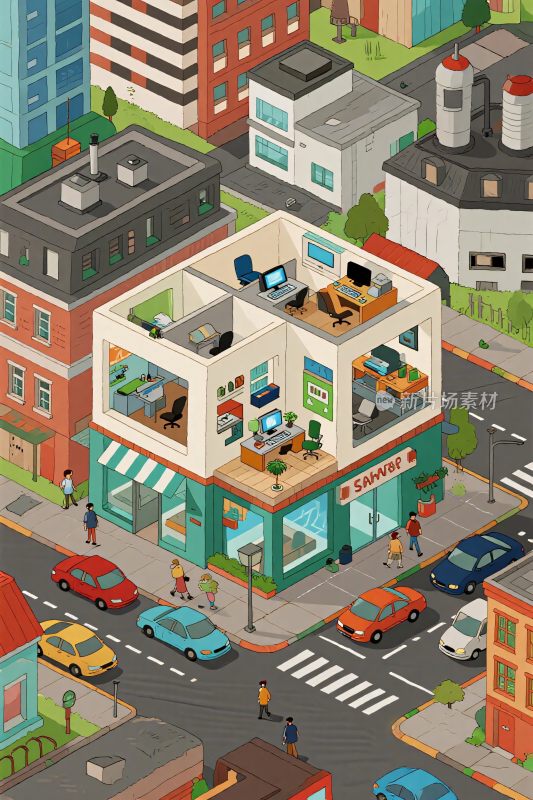 城市等距街景插画