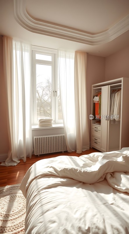 阳光洒满温馨卧室白色床铺与窗帘映衬出宁静氛围