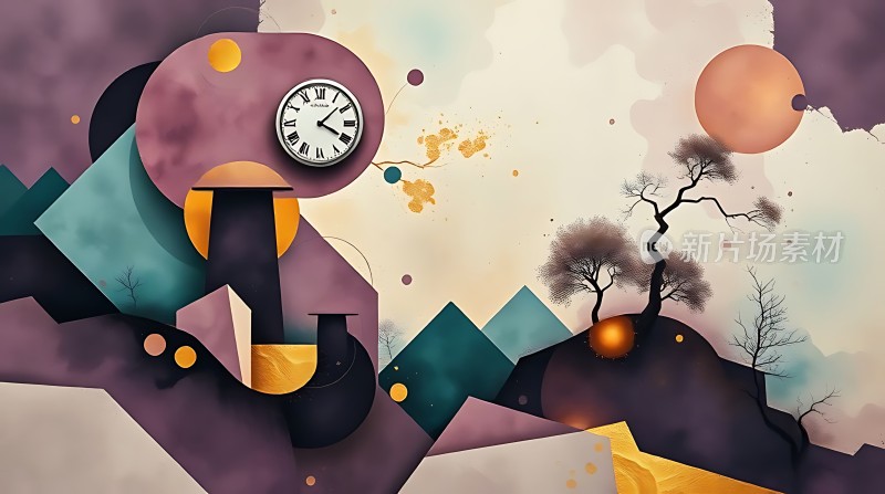抽象艺术时钟与自然景观融合