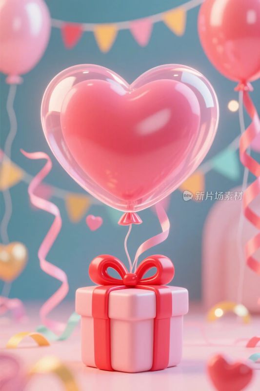 粉色爱心气球与礼盒装饰