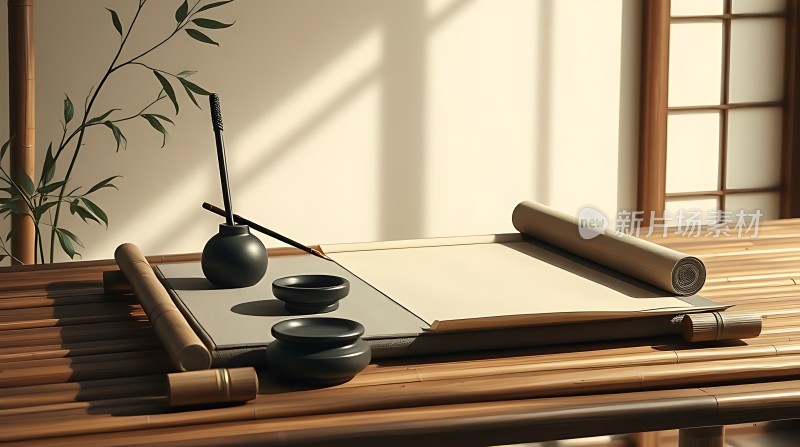 竹席上的书法用品