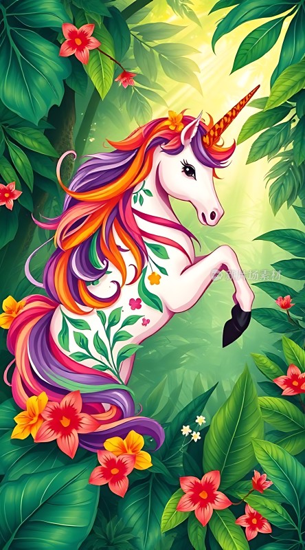 彩虹独角兽在花丛中跃起