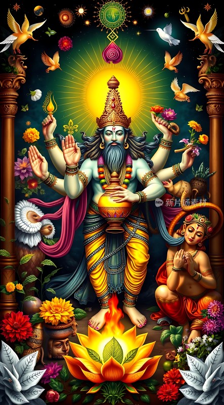 神祇降临多臂神像与莲花火焰