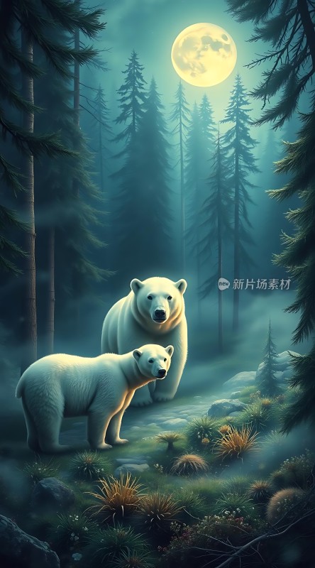 月下森林中的北极熊