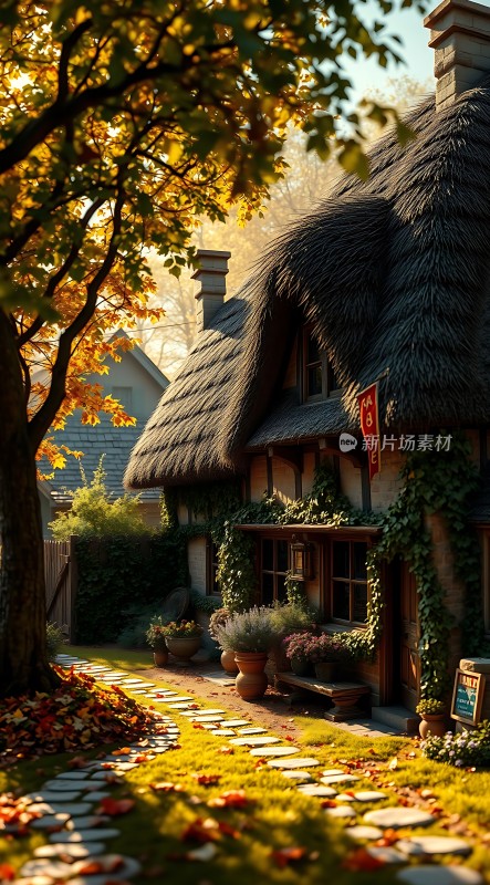 秋日小屋阳光下的温馨家园