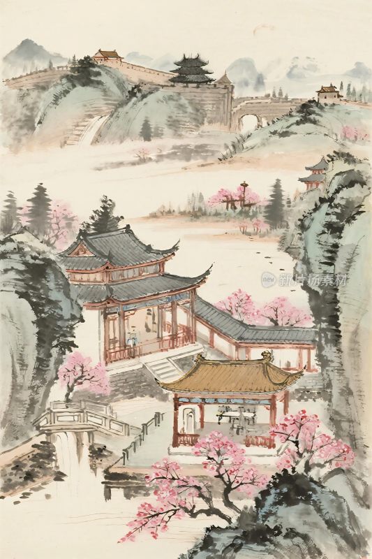 古风山水古建筑水墨画