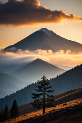 一棵孤树一座云高山清风景图片