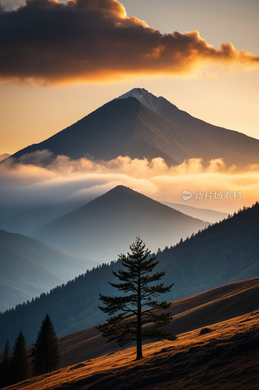 一棵孤树一座云高山清风景图片