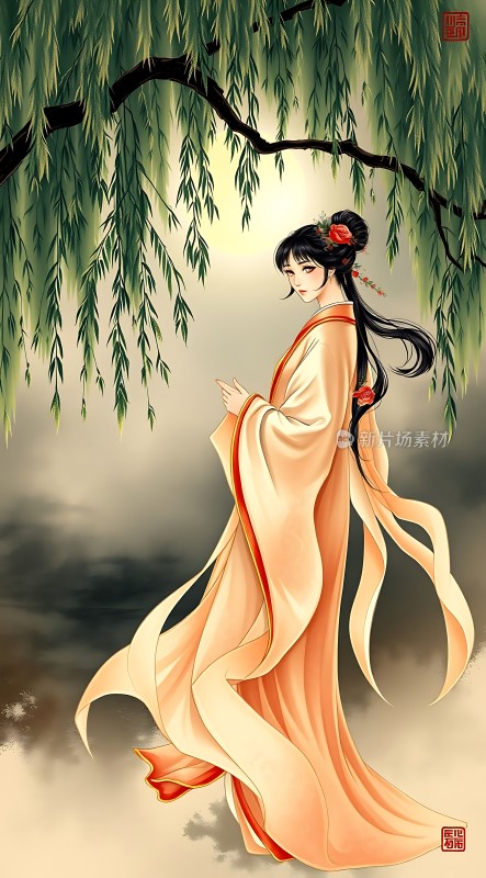 汉服佳人柳下漫步