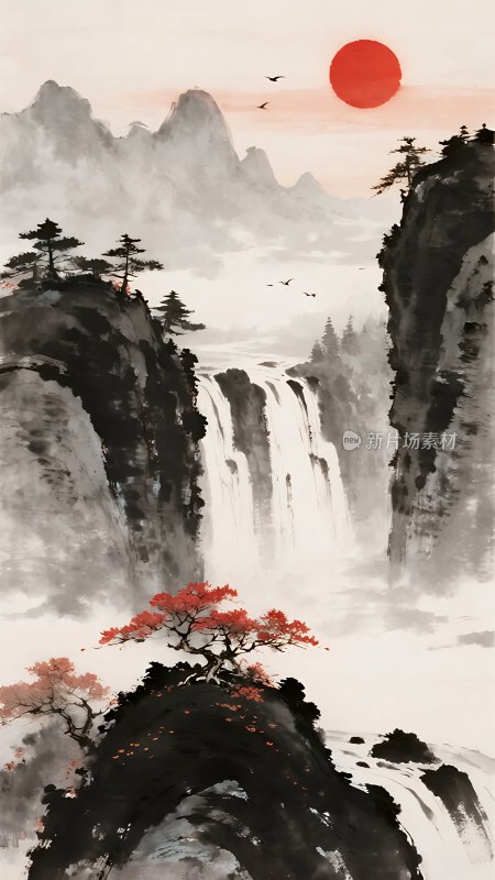 中式山水瀑布红日景观
