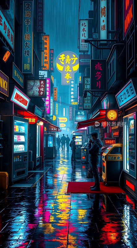 霓虹灯下的雨夜街头