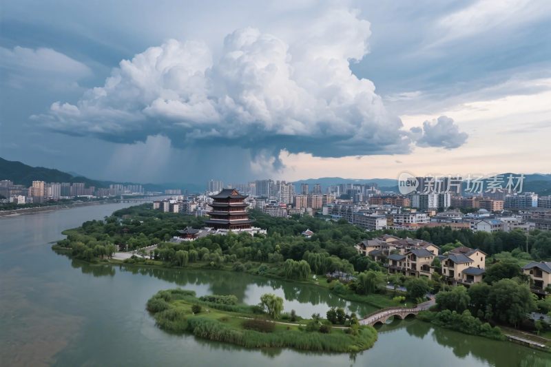 城市湖景古塔风光