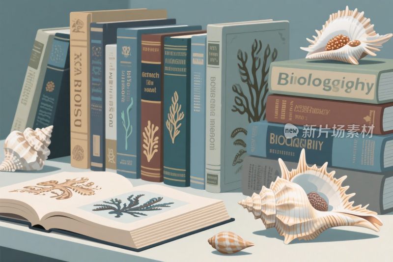 书本与贝壳的插画组合