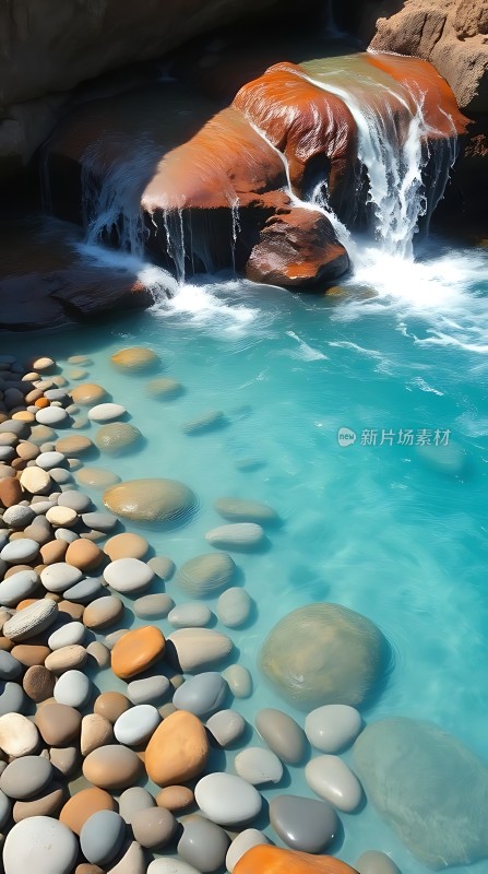 碧波轻抚石滩瀑布飞流直下