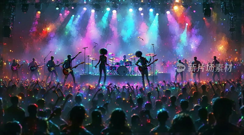 舞台灯光璀璨乐队激情演奏观众热情高涨的音乐节现场