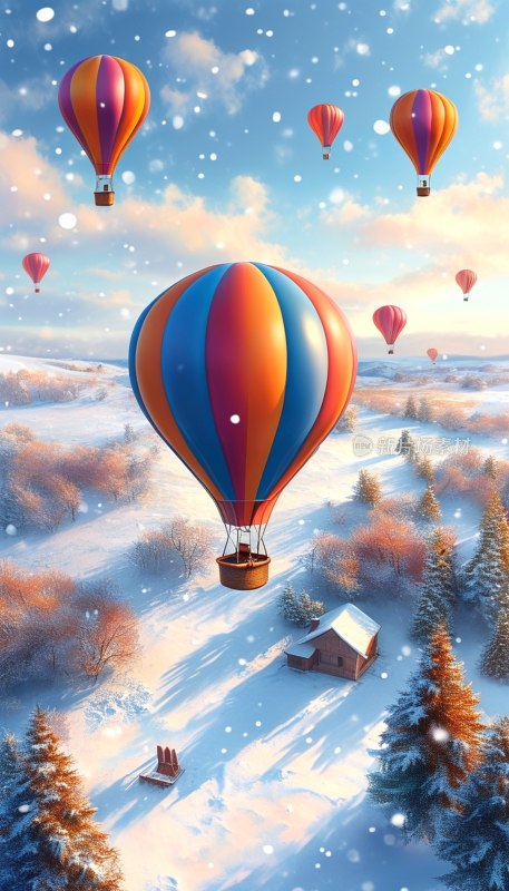雪地热气球飘浮