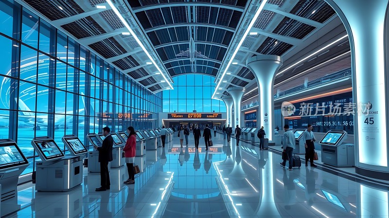 现代机场大厅科技感十足旅客办理登机手续