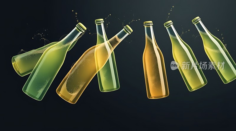 七瓶色彩缤纷的饮料在空中飞舞