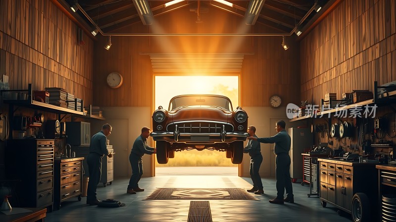 阳光下的车库里的经典汽车维修场景
