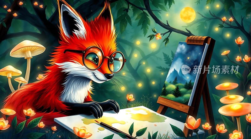 画夜森林中的狐狸画家