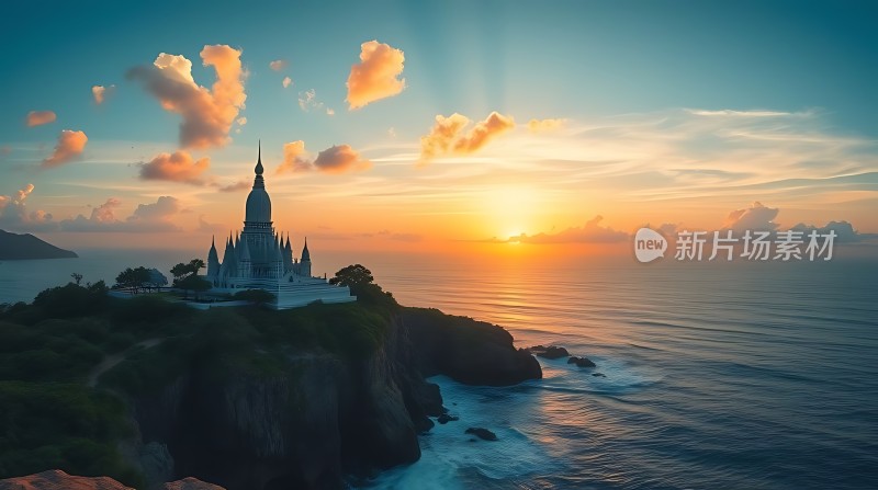 日落下的海边佛塔