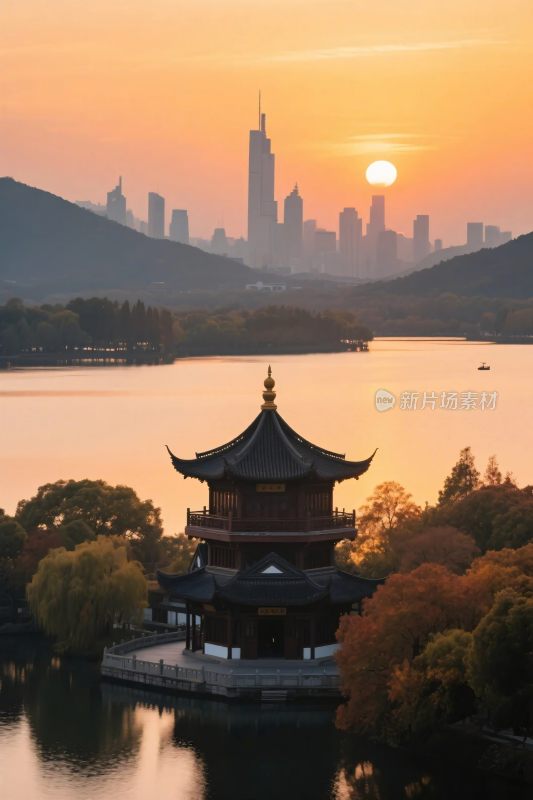 都市与古亭黄昏美景