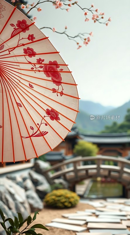 古风油纸伞下的春日园林