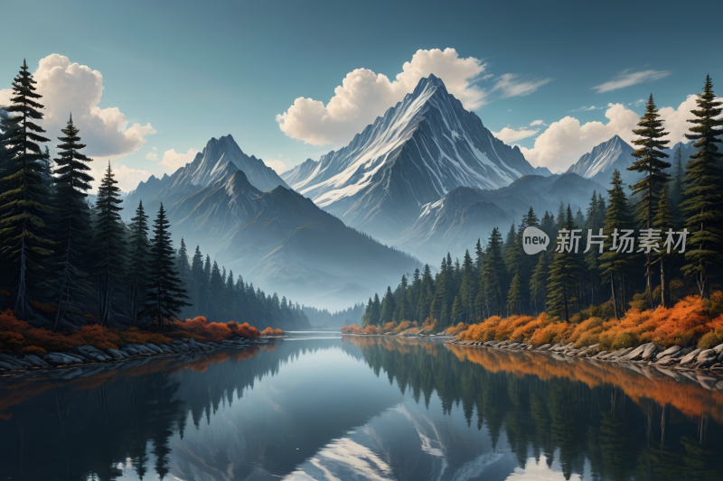 有湖泊和树木山景高清风景插画图片