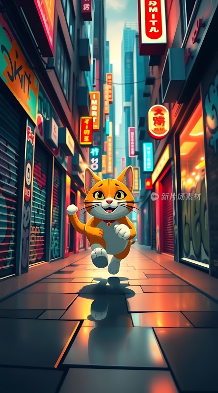 霓虹灯光下的快乐小猫