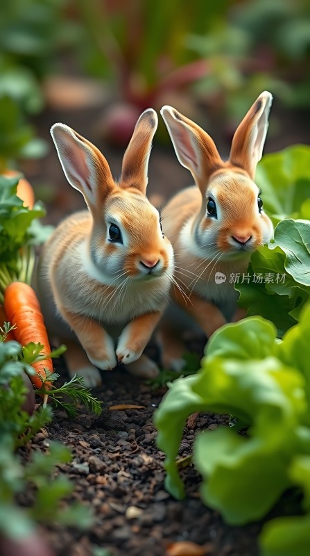 胡萝卜旁的可爱兔子
