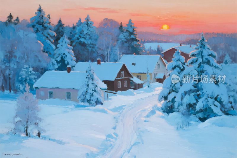 冬日乡村雪景风景画