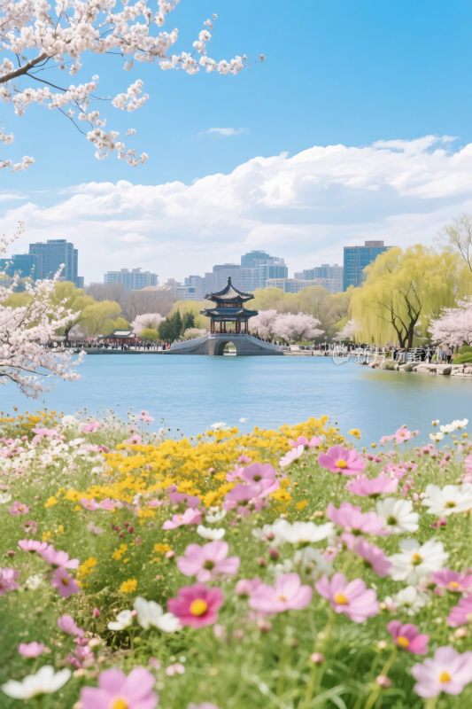春日湖景花卉古亭图