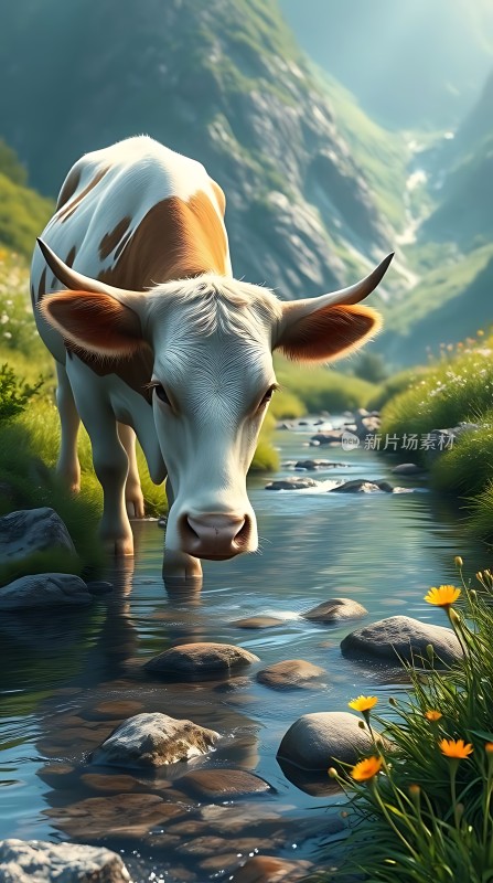 山间小溪旁的奶牛