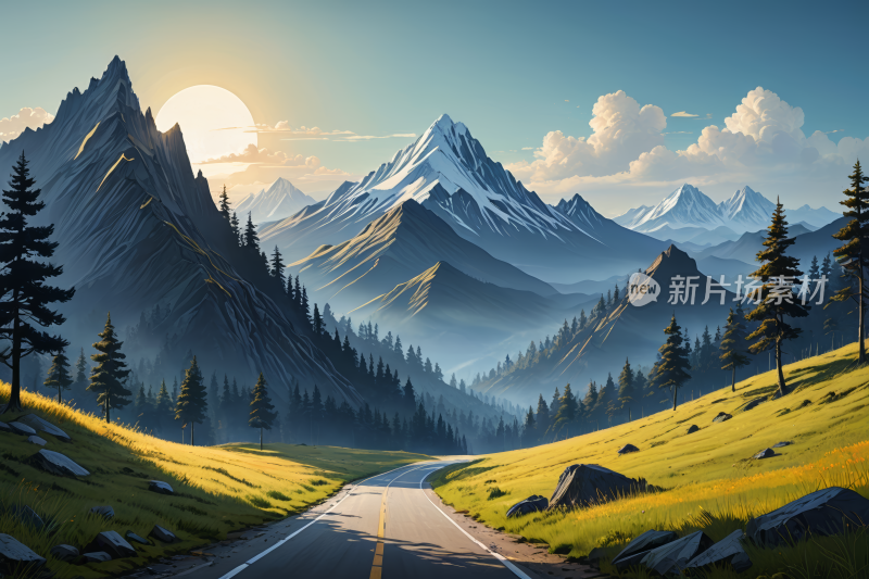 山和有山的道路高清风景插画图片