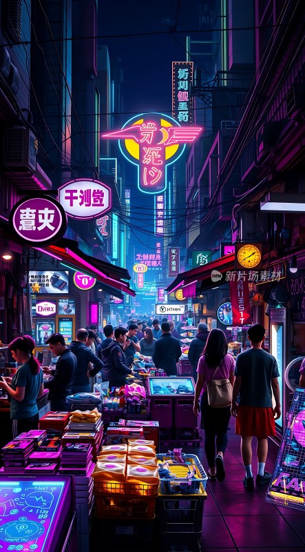 霓虹灯下的繁华夜市