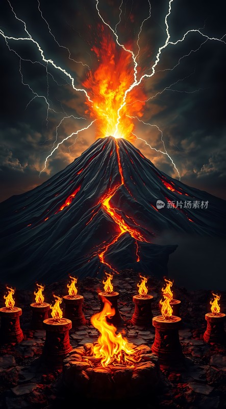 火山爆发闪电交加火焰环绕