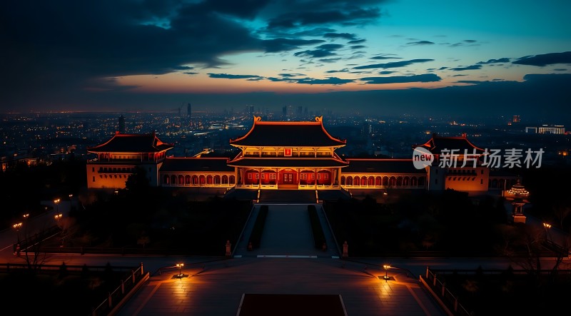 夜幕下的宏伟宫殿灯光璀璨城市背景下的历史建筑