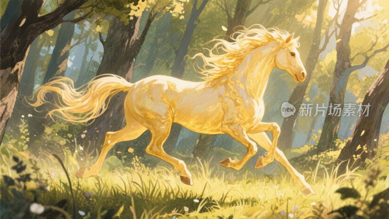 林间奔跑的金色骏马