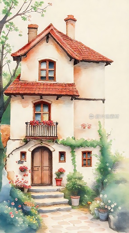 温馨小屋红瓦白墙绿意盎然宁静美好