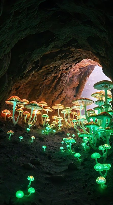 神秘洞穴中的荧光蘑菇世界