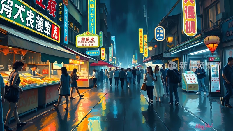 霓虹灯下的繁华夜市