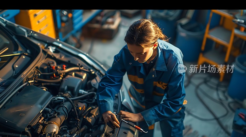 女机械师专注检修汽车引擎