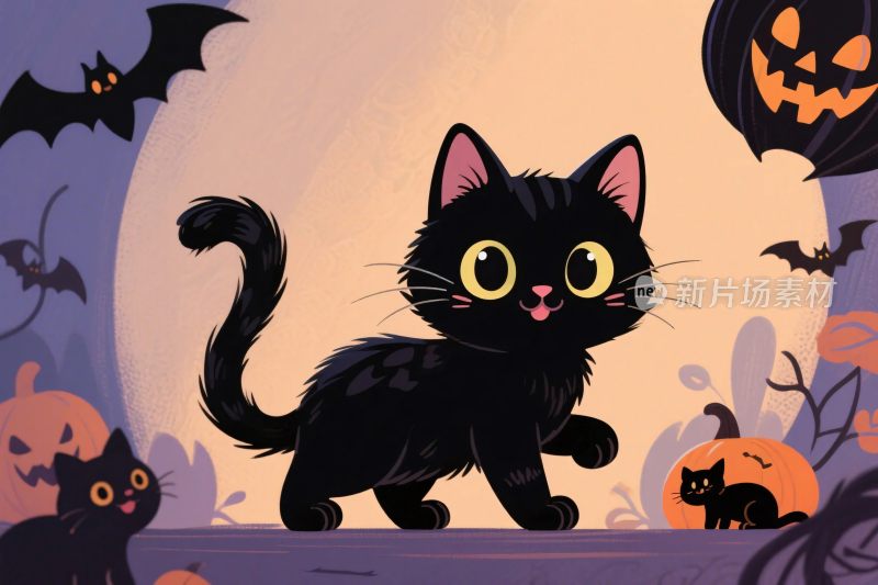 万圣节黑猫卡通插画