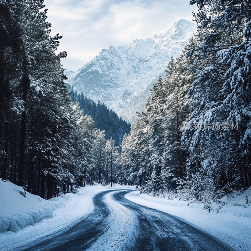 冬季森林山路积雪车辙